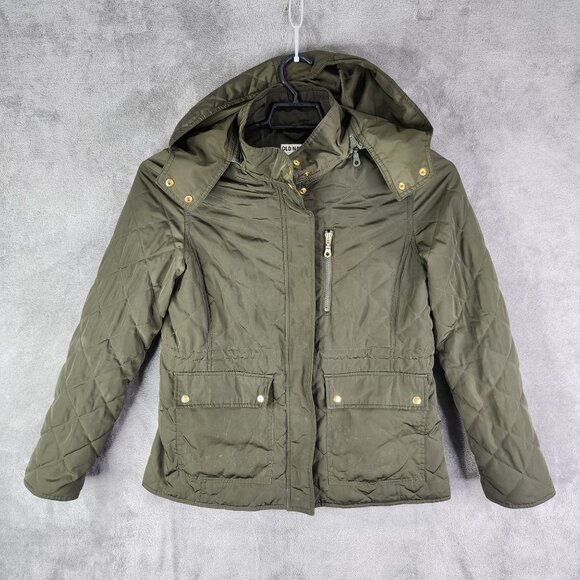 Womens Olive Green Old Navy Quilted Jacket Removable Hood Full Zip Size M - Picture 2 of 11